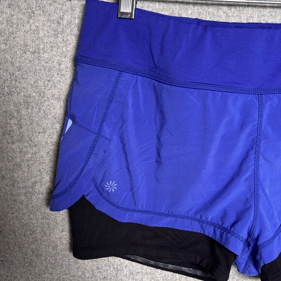 Athleta Medium Womens Running Shorts Biker Blue Black Gym Elastic Pull On - Picture 4 of 16